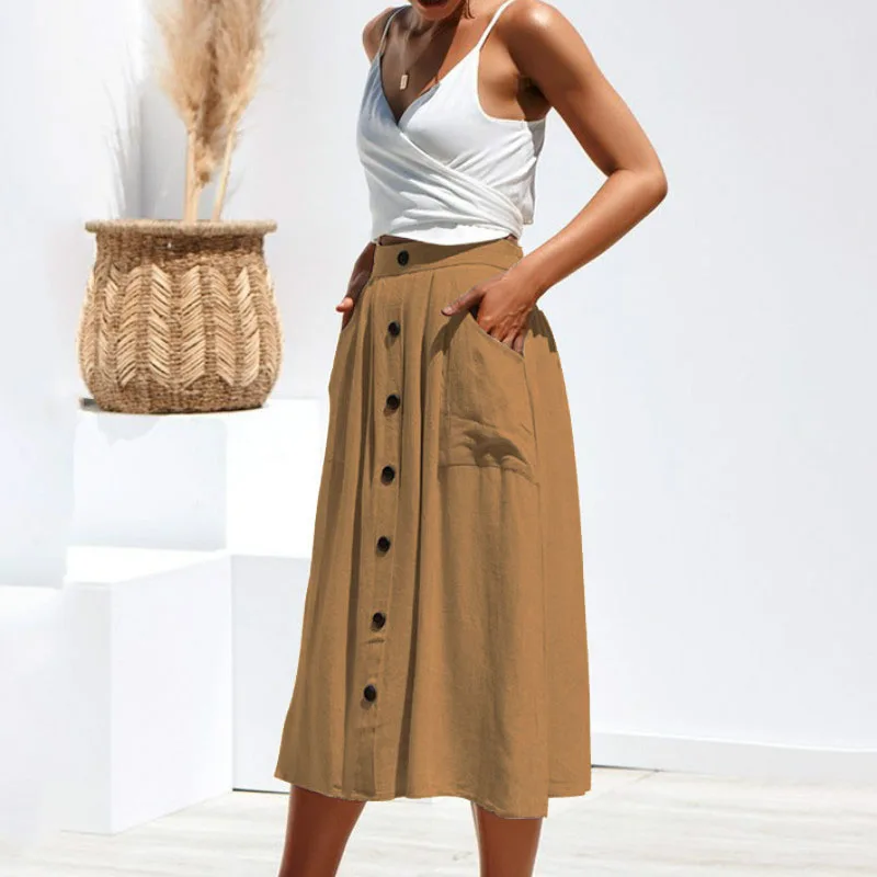 

A-line Casual Skirts Elegant Skirts Buttons Decoration Boho Summer Beach 2019 New Women Pockets Pink Skirt Plus Size Chic M0430