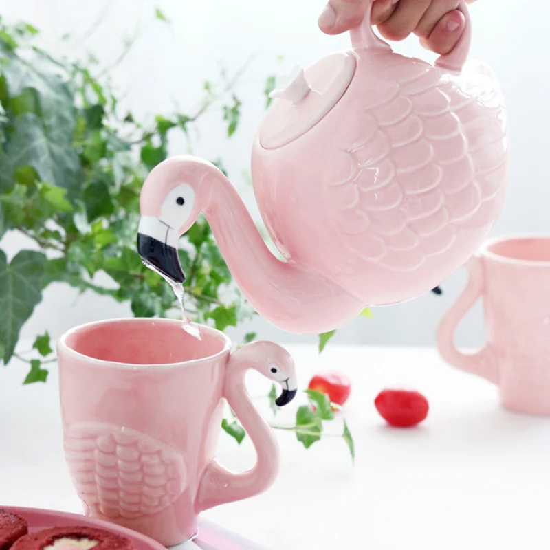 800 мл керамический кофейник с фламинго, Набор чашек, розовая керамическая чашка, чайник с героями мультфильмов, Идеальный Рождественский подарок для девочки