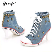 Wanita sepatu kanvas denim high heels paku keling sepatu fashion sepatu high heels sepatu