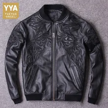 Новая весенняя мотоциклетная куртка с вышивкой и стоячим воротником, мужская куртка-бомбер в стиле хип-хоп из натуральной воловьей кожи