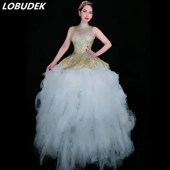 

White Voile Yellow Rhinestones Long Dress Birthday Prom Bubble Dress Evening Party Star Singer Stage Costume Sexy Wedding Wears