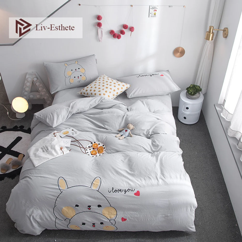 

Liv-Esthete Hot Sale Wholesale Funny Cartoon Bedding Set Gray Soft Duvet Cover Flat Sheet Pillowcase Double Queen King Bed Linen