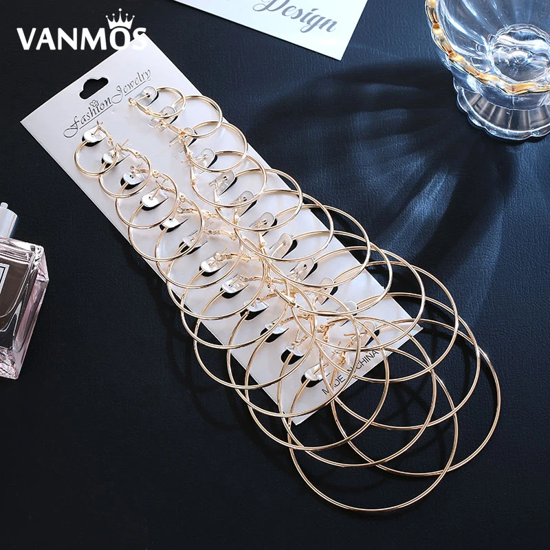 

Vanmos Huge Circle Hoop Earrings Set Gold Silver Color Fashion Punk Style Party Jewelry Round Ear Clip Fashion Jewelry Gift