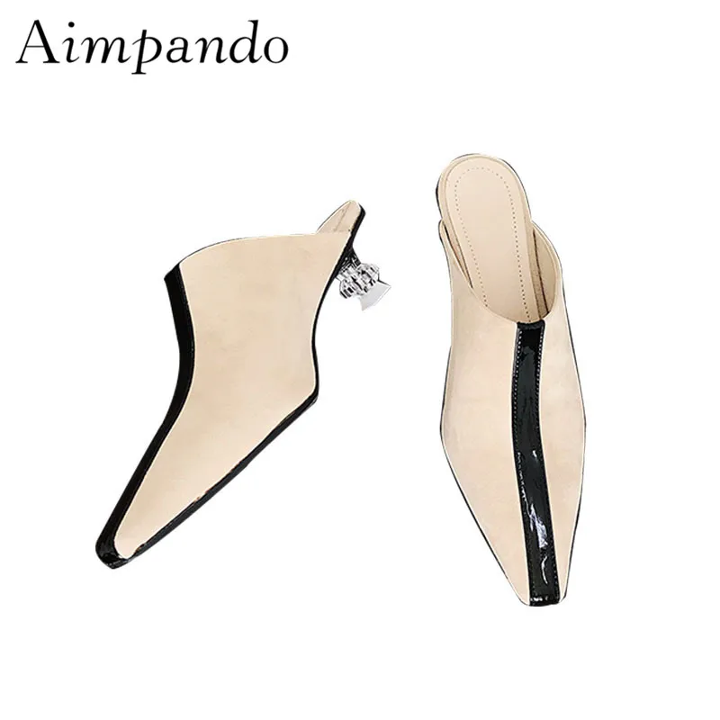 

Shoes Woman 2019 Spring New Arrival Scrub Suede Square Toe Crystal Strange Heel Mules Slim Slippers Women