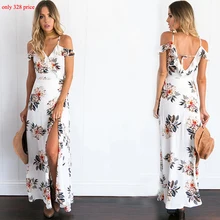 Floral Print Dress Off The Shoulder Slit Maxi Dress 2017Women Summer Chiffon Long Dress Blusas Feminina Sleeveless Slit Vestidos