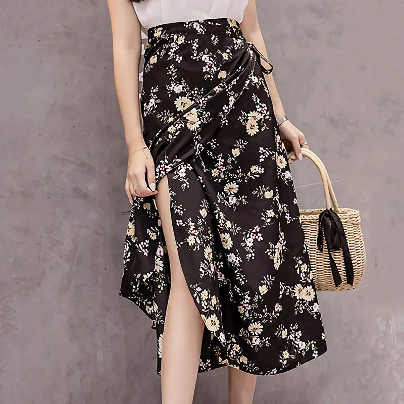 Summer Print Flower Chiffon Women Skirt Kawaii Korean Casual Empire Skirts Harajuku Mid-Calf Bow Cute High Waist Vintage Skirts