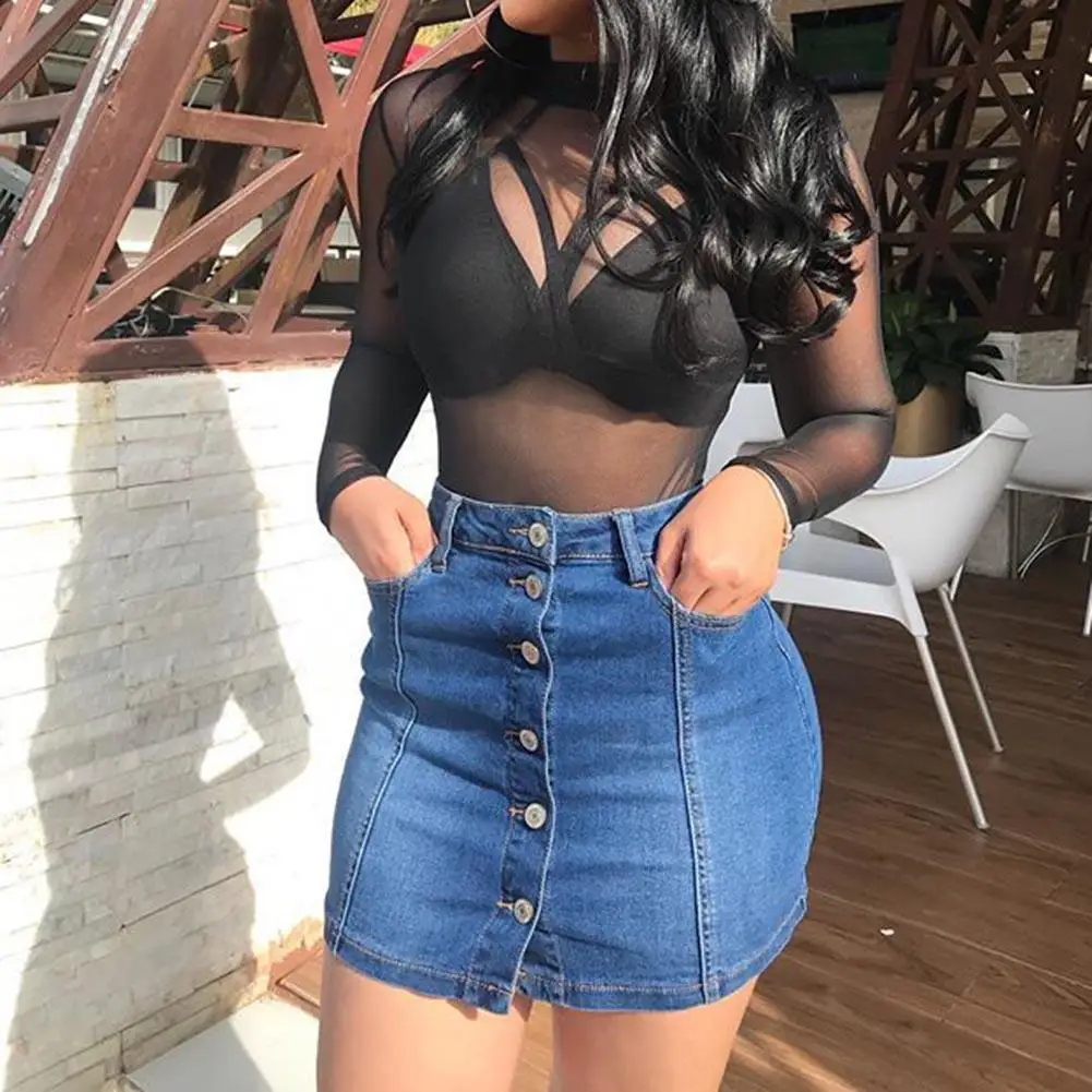 

Hot Fashion Summer Women Casual Single Breasted Stretch Denim Bodycon Slim Mini Jeans Pencil Sexy Office Party Skirt Wholesale