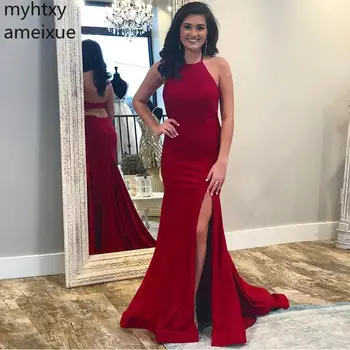 

Plus Size Sexy Burgundy Long Red Evening Dress Halter Neck Mermaid Women Formal Party Front Split Sweep Train Robe De Soiree