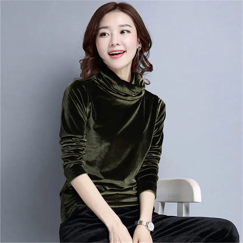 Gowyimmes Autumn Women Gold Velvet Shirt Sexy Women Turtleneck Blouse Lady Long Sleeve Blusas Basic Tops Pullover Bottomings 466 2