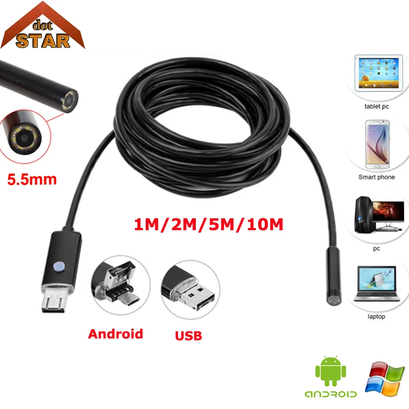 

5M/10M Cable Android Endoscope Stardot 5.5mm Lens Waterproof 6 LED Mini USB Endoscope Inspection Camera