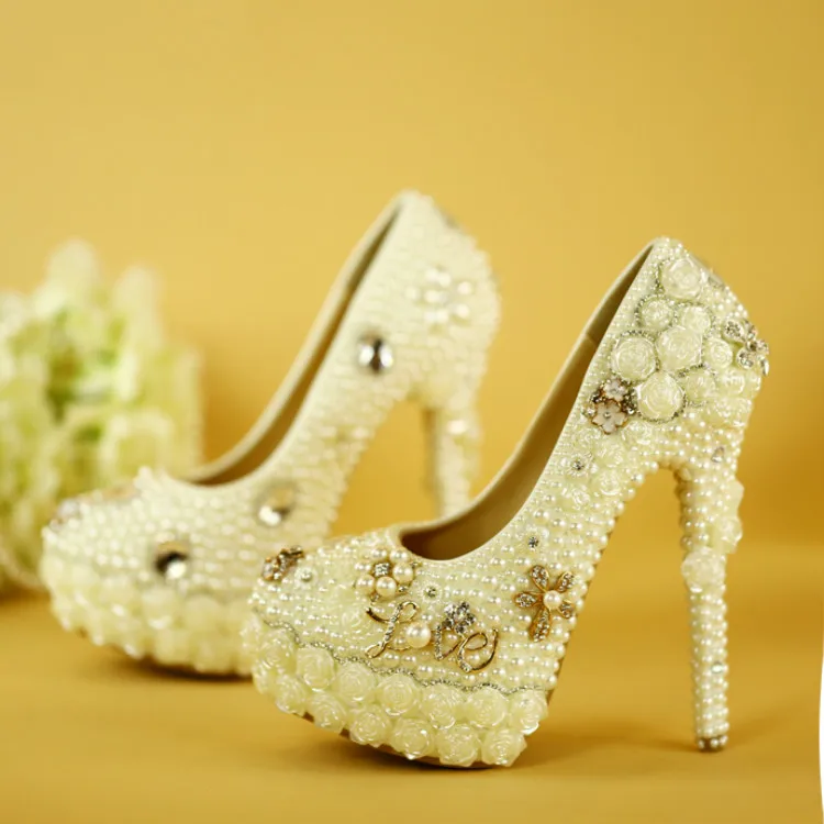 Pearl white wedding shoes shoes Lace diamond waterproof heels Married bride pearl lace party dress shoes