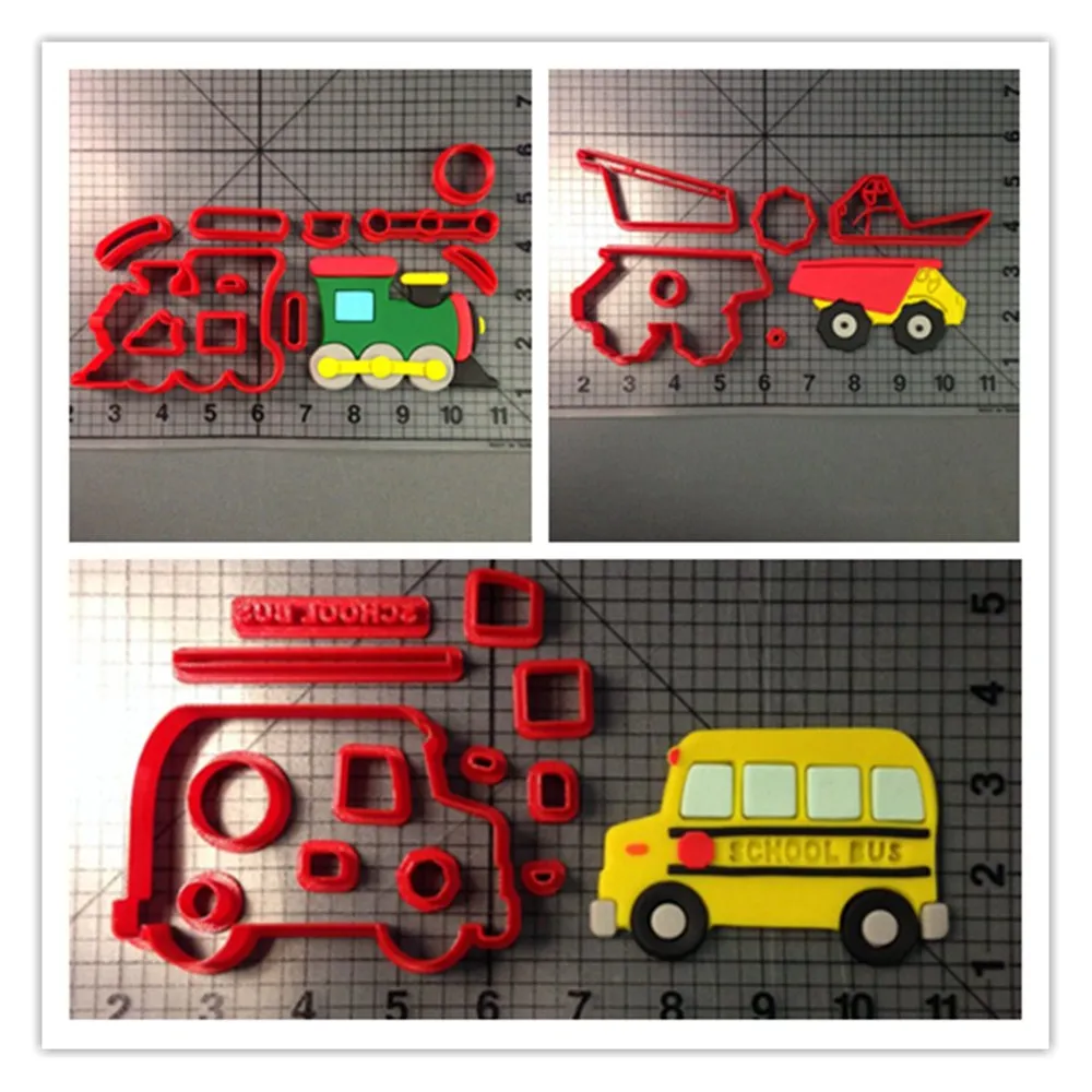 

Custom Made 3D Printed Cookie Cutter Traffic Tools Train Truck Fire School Bus Cake Cutter Fondant Cupcake Cake Decorating Tools