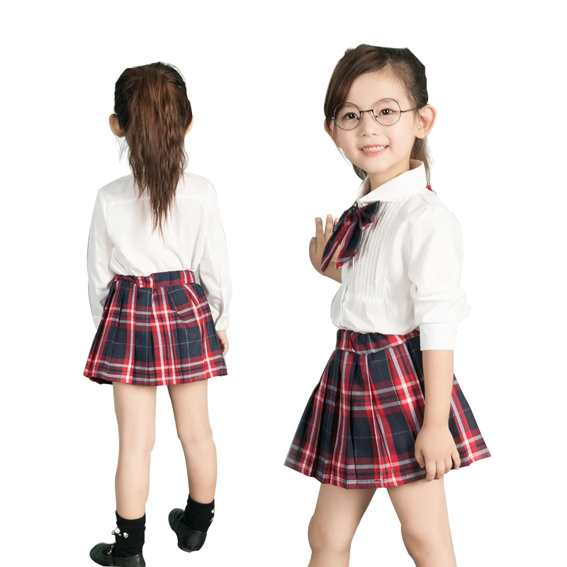 

Summer Baby Girl Clothing Set Bow Long Sleeve White Shirt + Red Plaid Skirt Elegant Two Piece Students Back To School Outfits