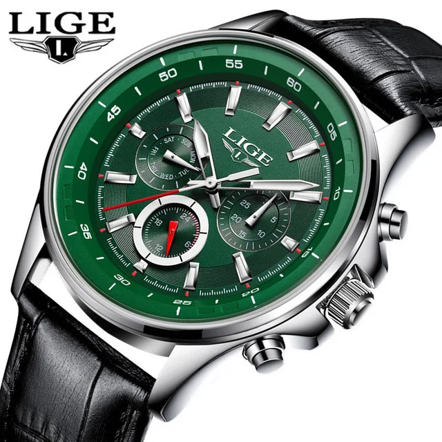 LIGE спортивные мужские часы, мужские кварцевые наручные часы, водонепроницаемые, ударопрочный стальной ремешок, черные армейские мужские часы, мужские часы Hodinky+ коробка - Цвет: leather green