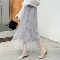 Цветочный Вышивка юбка с бисером для женщин гофрированный с сеткой корейские летние пляжные миди повседневное Высокая талия большой