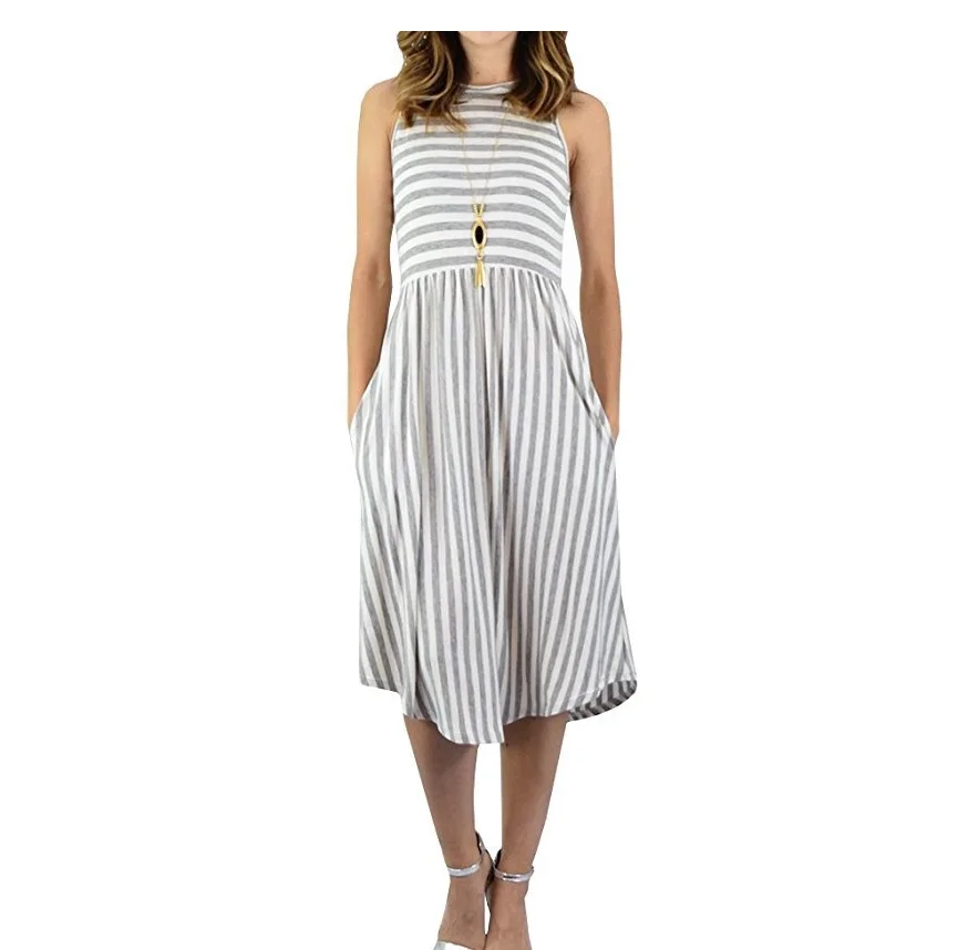 

TENTEN Womens Sleeveless Mid-length Dress High Waist Sleeveless Stripe One Piece A Line Summer Dresses with Pockets 4 Colours