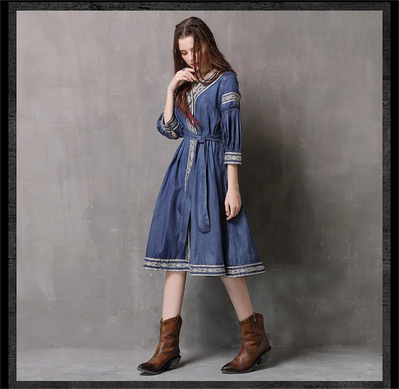 Vintage  V-Neck Summer Sashes Dress 2018 Embroidery New Denim Vestidos A-line Half Sleeve Belted Women Dresses Vestido Female (9)