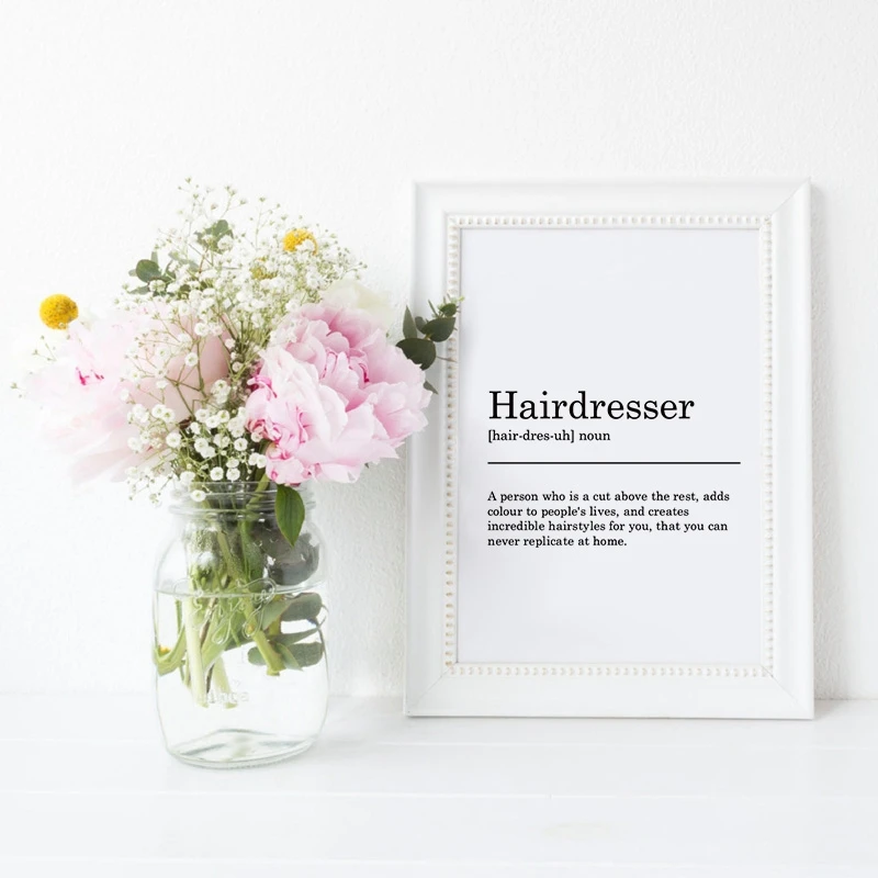

Hairdresser Definition Print Poster , Black & White Typography Minimalist Canvas Painting Funny Gift Barbershop Wall Art Decor