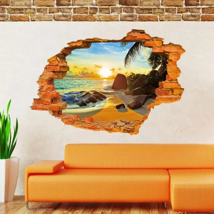 3D Beach Sunshine Stickers Decal Art Mirrors Vinyl Wall Sticker Home Room DIY Decor Fashion Decoration-Drop