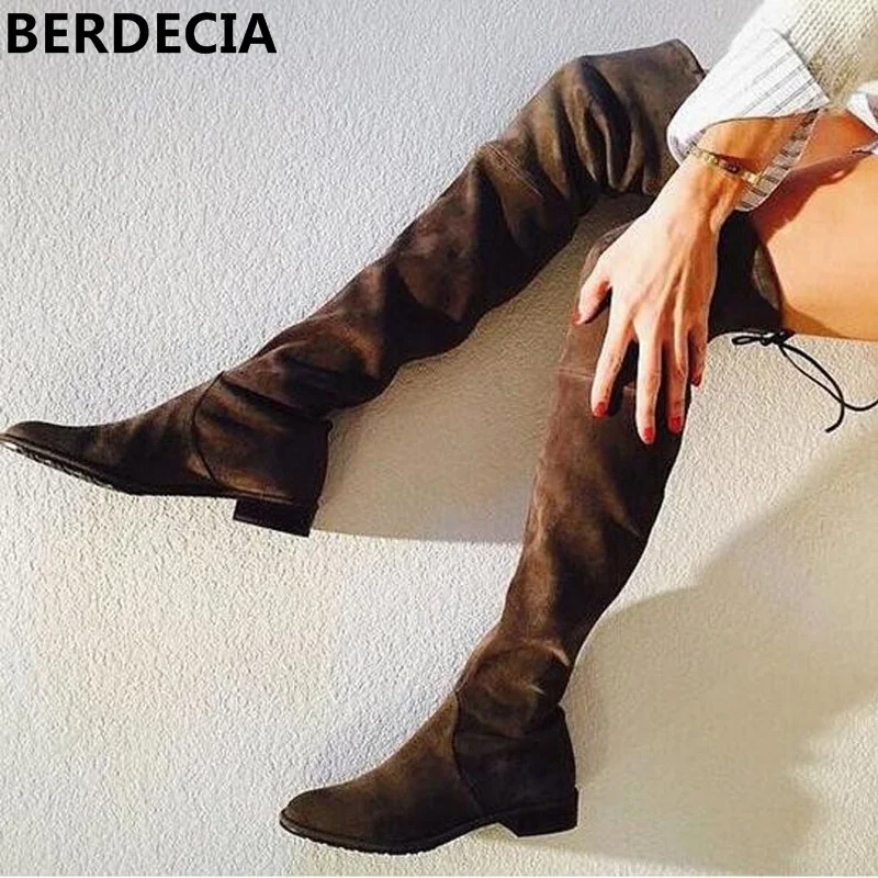 New Fashion Women Stretch Boots Over-the-Knee Boots Flat Lace-Up Suede Leather Thigh High Boots Autumn Winter Shoes Booties