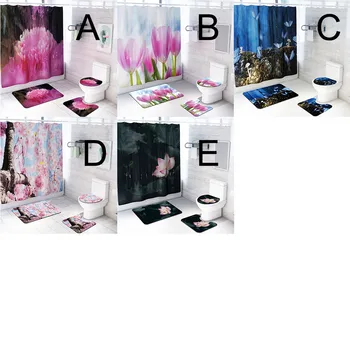 

4 Pieces Of Innovative Anti-skid Shades Series Shower Curtain Toilet Seat Polyester Cover Bathroom Shower Curtain H0520