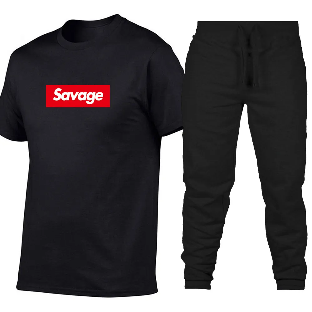 

Brand Summer Sets Men TShirts+pants Two Pieces Sets Casual Tracksuit Savage Male/Female Casual Tshirt Gyms Fitness trousers