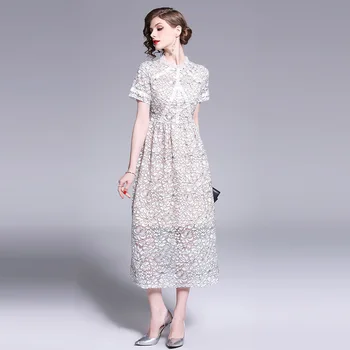 

Long Lace Dress Splicing Skinny Summer Women 2019 New Hot Office Lady A-Line Floral Elegant Young Lady Intellectuality Mid-Calf