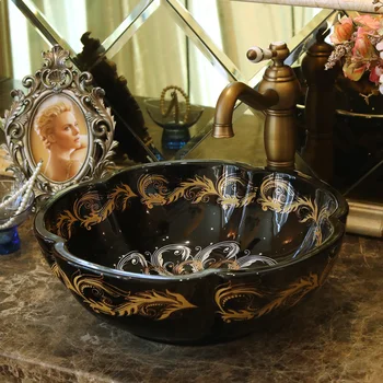 

Black flower shape China Artistic Handmade porcelain Round bathroom counter top ceramic sink bathroom art basin washbasin