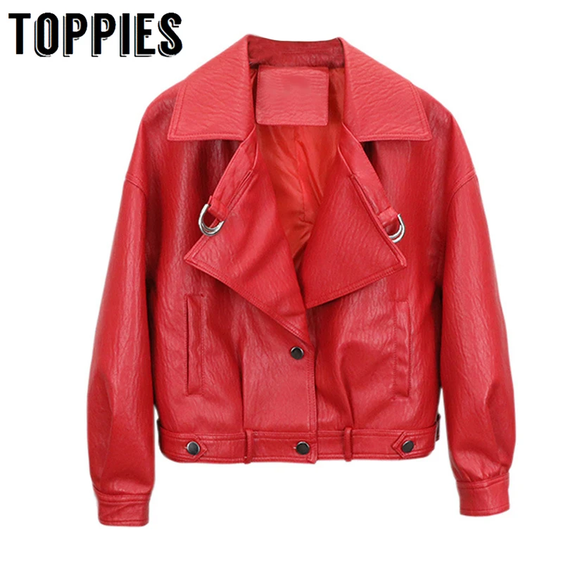 

Black Red Pu Leather Jacket Woman Button Down Short Bomber Jacket 2019 Autumn Winter Female Coat