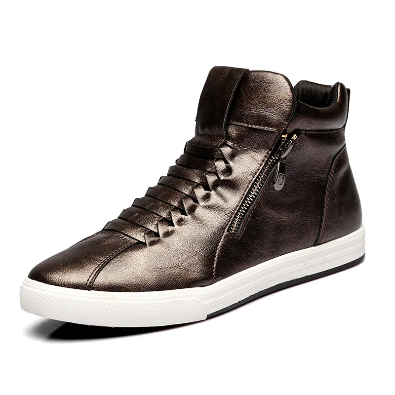 

fashion trend gold mens pop shoes zipper pu leather casual shoes flats high top hip hop shoes men tenis masculino adulto T032801