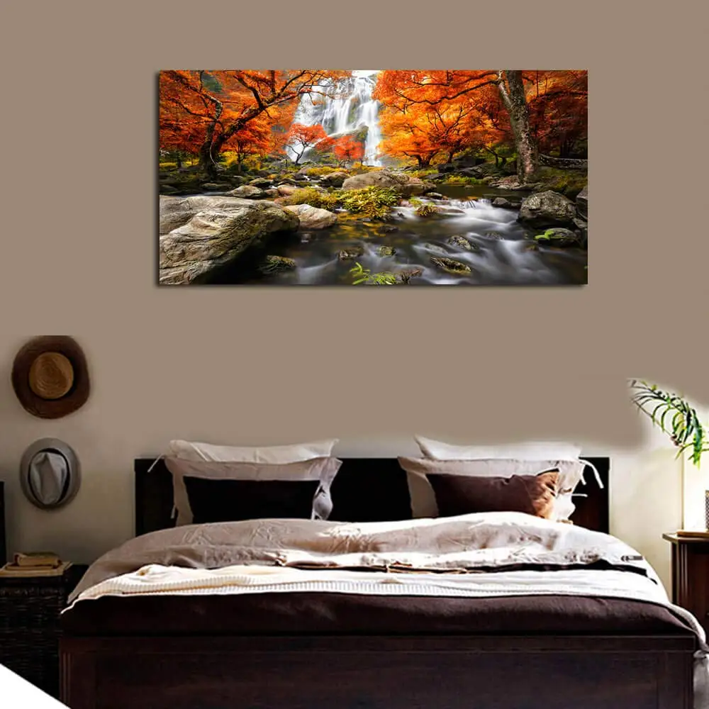 

Canvas Wall Art Waterfall Nature Scenery Painting Prints Vintage One Panel Long Artwork Ready to Hang Drop shipping