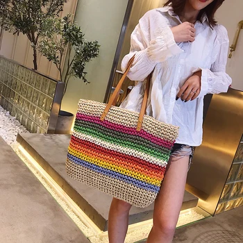 

Women Rainbow color Handbag Beach Bag Rattan Woven Handmade Knitted Straw Large Capacity Tote Leather Women Shoulder Bag Bohemia