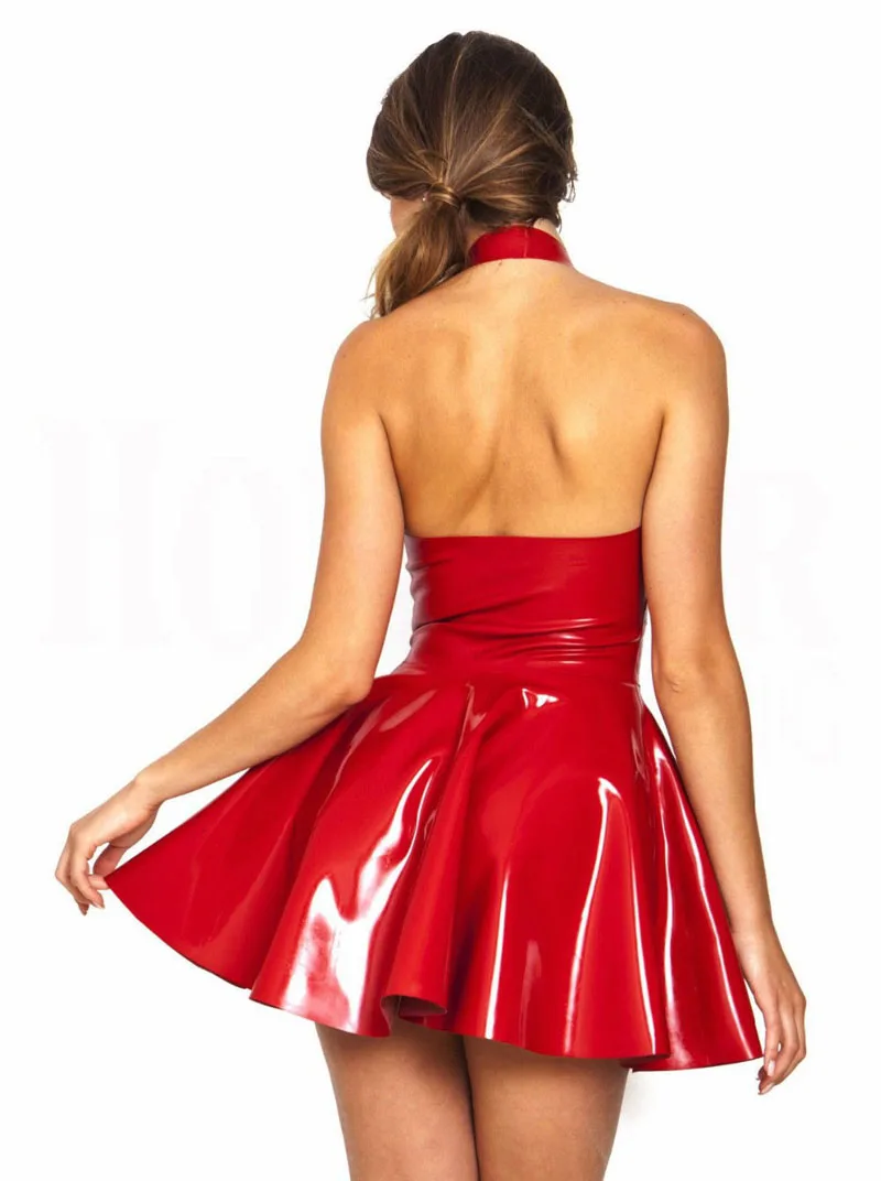 Сексуальный искусственная кожа из ПВХ латекс платье Красный Блестящий Холтер Боди без рукавов Эротическое Связывание плиссированное платье Клубная одежда костюм S-XXL