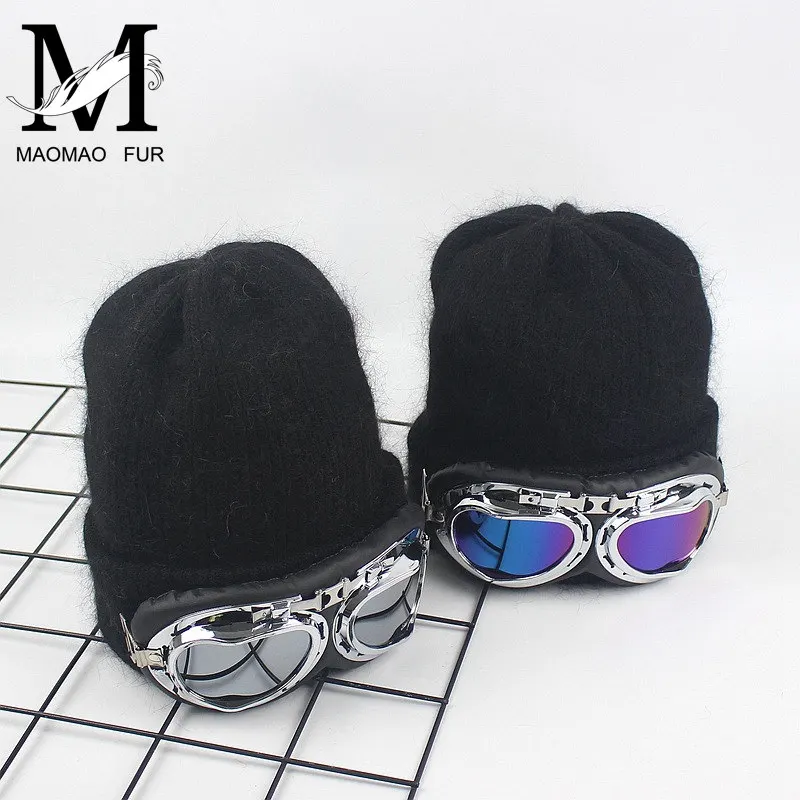 

New Women Winter Hat Thick Double Layer Cashmere Skullies Female Cap With Cool Sun Glasses Warm Rabbit Fur Knitted Beanies Hat