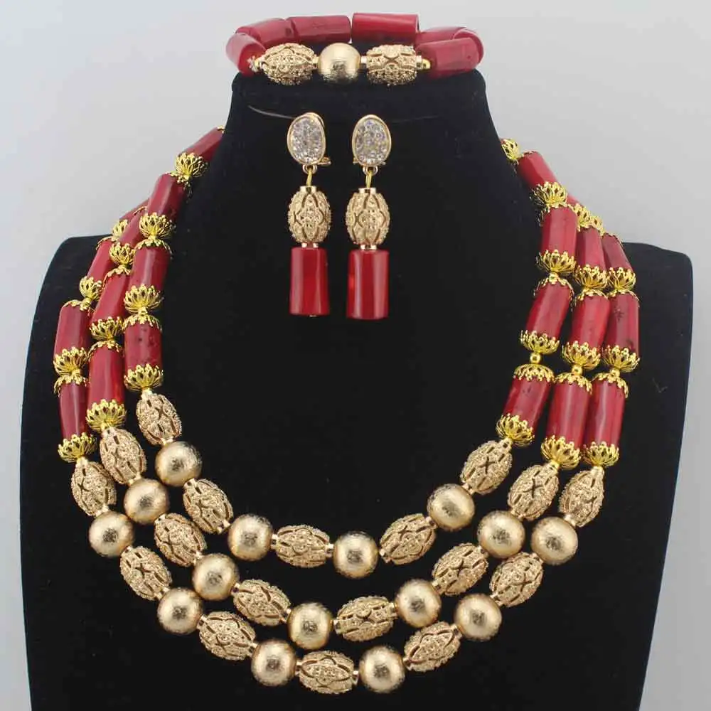 New Chunky 3Layer Red Coral Beads Costume Necklace Traditional Nigerian Wedding African Coral Beads Jewelry Set HD8876