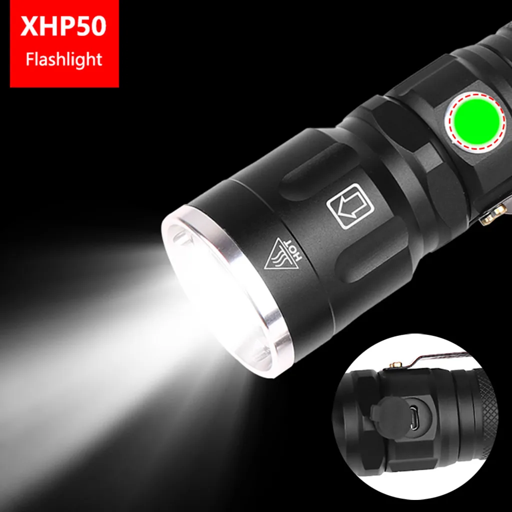Яркий фонарик XHP50 маленький светодиодный с USB яркий высокая мощность 18650-26650 лм