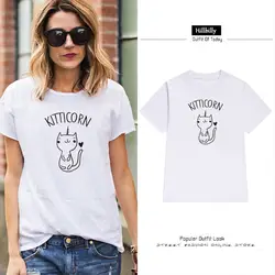 Kitticorn, одноногий Рисунок котенка, с буквенным принтом, для отдыха, женская футболка с коротким рукавом, чистый хлопок, уличный стиль