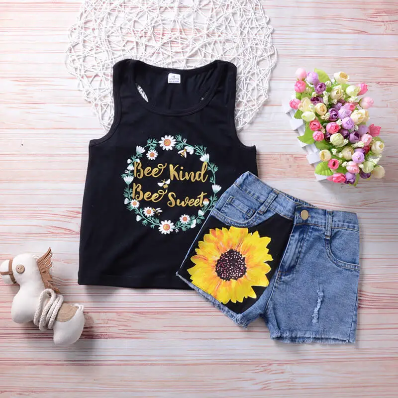 

Summer Bee Kind Toddler Baby Girl Clothes Set Sleeveless Vest Top+Short Jeans 2Pcs Outfits Kids Children Clothing Set