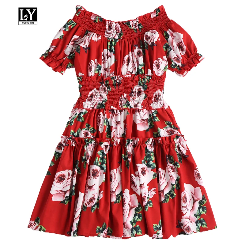 

Ly Varey Lin Summer Women Floral Dress Slash Neck Short Sleeve Embroidery Floral Print Female Slim High Waist Midi Party Dress