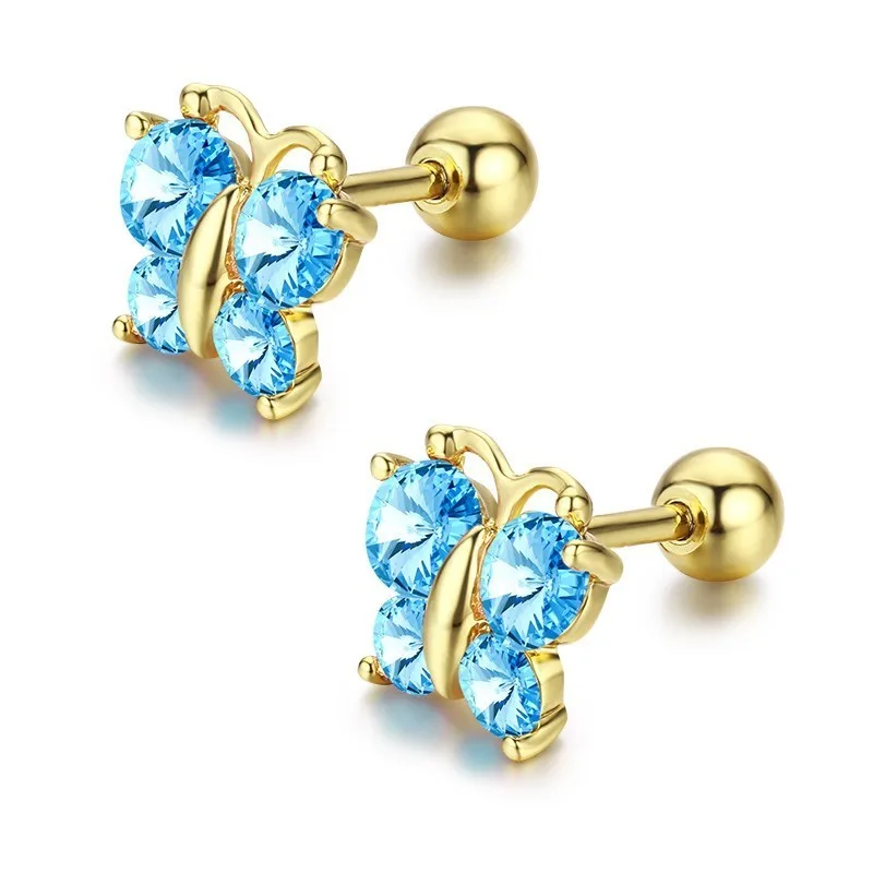 Серьги-гвоздики с милыми бабочками и кубическим цирконием для женщин, детей, маленьких девочек, золотого цвета, ювелирные изделия Aros Oorbellen - Окраска металла: blue