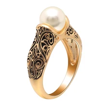 Hot Sell Imitation Pearls Wedding Band Women Ring Elegant Engagement Flower Vintage Gold Color Hollow Flower Finger Rings Gift china supplier his and hers gold color titanium wedding band finger rings women