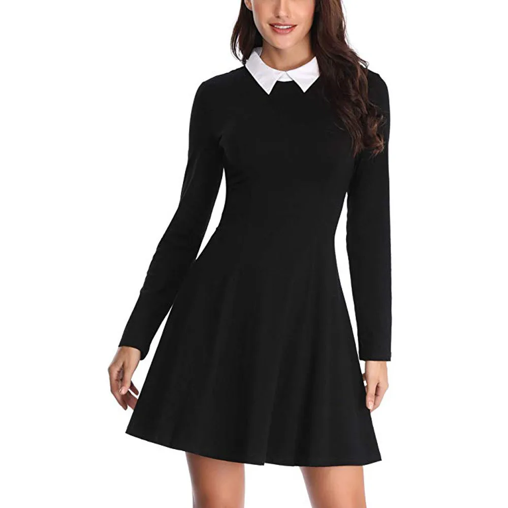 

Winter dress Sexy Black One Single Long Sleeve Elegant Fit and Flare Skater Dress Women's Long Sleeve Casual pink Collar #15