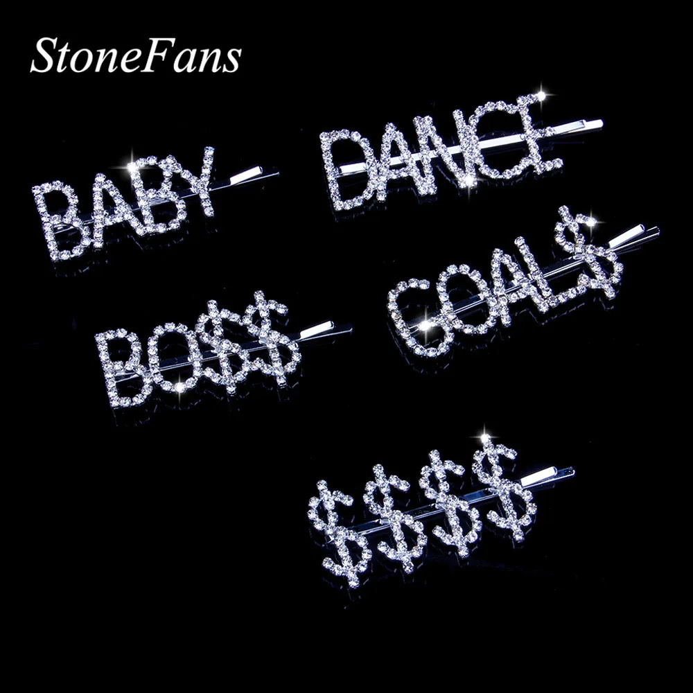 Stonefans Ins модные заколки для волос с буквенным принтом, горный хрусталь для женщин, личные деньги, кристалл, заколка для волос, серебряные украшения