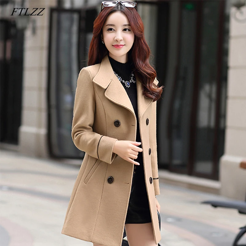 Ceny FTLZZ kobiety mieszanka wełny ciepły długi płaszcz jesień zima Plus rozmiar kobiet Slim Fit Lapel wełniany płaszcz kaszmir odzież wierzchnia