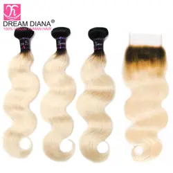 DreamDiana remy hair 1b 613 объемная волна с закрытием Малайзийский переплет светлые темные корни пучки Омбре светлые пучки с закрытием