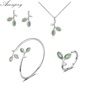 

Anenjery S925 Stamp Silver Color Jewelry Sets Opal Leaf Bud Earrings+Ring+Necklace+Bangle For Women Summer Jewelry