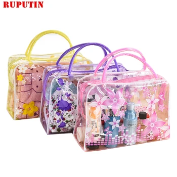 

RUPUTIN Transparent Portable Women Cosmetic Bag Bathroom Waterproof Wash Bag Underwear Make Up Drug Storage Organizer Bag Floral