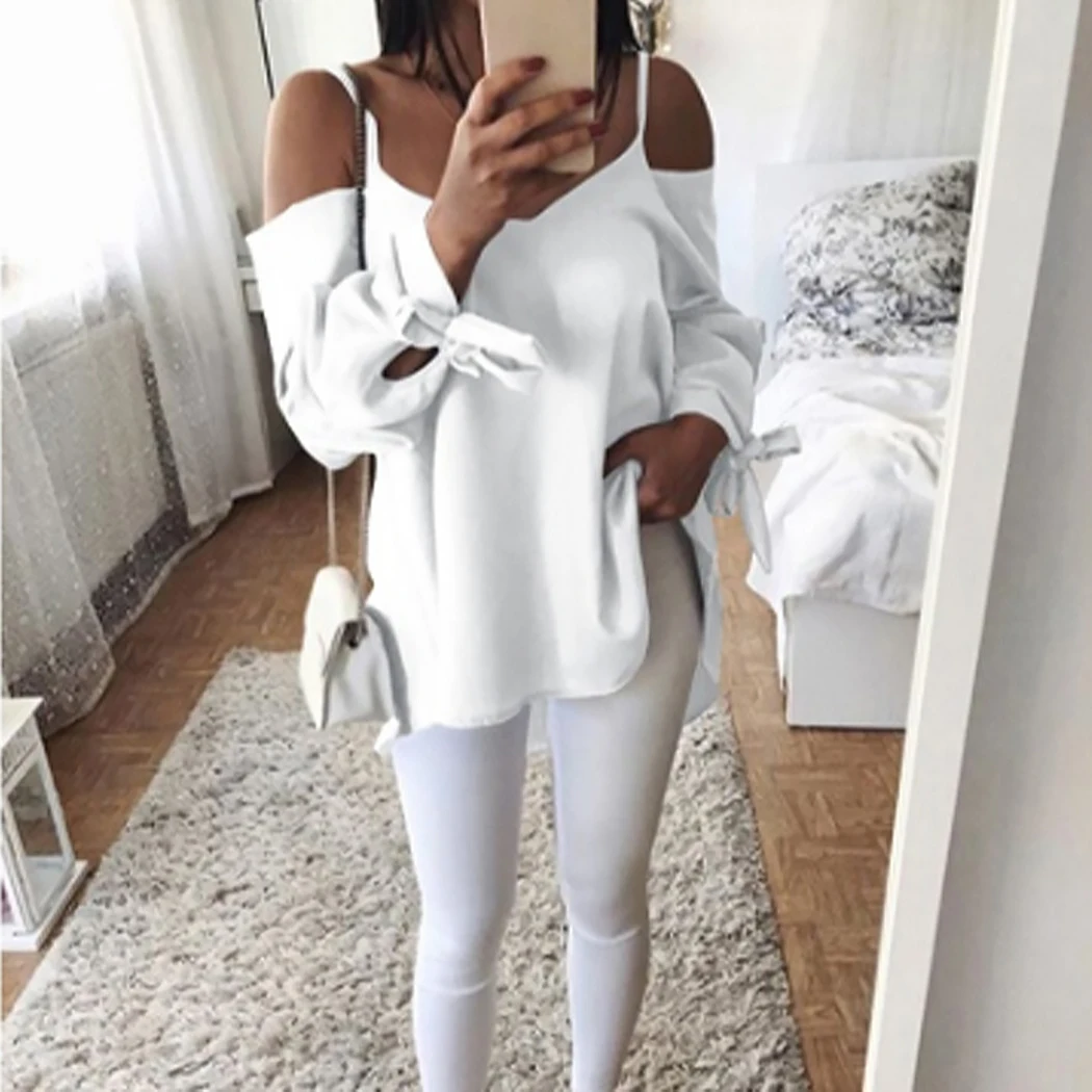

Women Chiffon Shirt Cold Shoulder Blouse 2018 Autumn Long Sleeve Bow Tie Blouses Tops Sexy Loose Shirts Mujer Blusas Plus Size