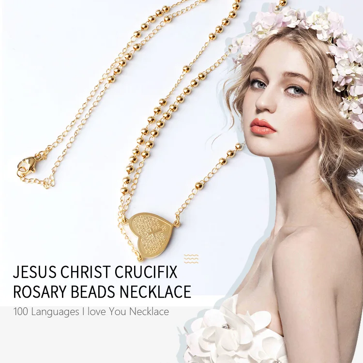 FINE4U N108 крест с Иисусом Христом ожерелье для женщин 316L нержавеющая сталь длинные четки бусы ожерелье Девы Марии сердце ожерелье s