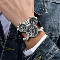 Oulm HP1167 повседневные кожаные часы для Для мужчин 3 часовой пояс Спорт на открытом воздухе кварцевые мужские наручные часы Элитный бренд